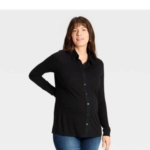 Long-Sleeve Collared-Neck Ribbed Maternity Button-Down Shirt, size S, black.